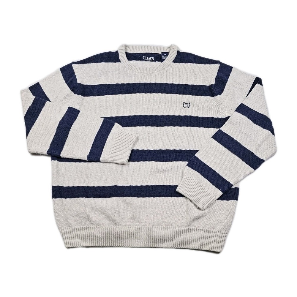 Chaps Pullover Knit Sweater Mens XL Blue Off White Stripes Long Sleeve Crew Neck